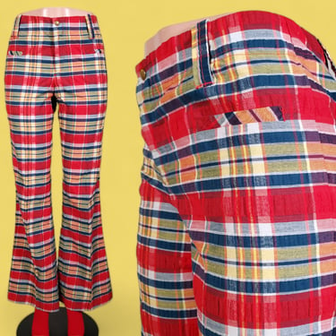 Seersucker vintage plaid pants. 60s 70s mod. Mid - low rise, hiphugger bell bottoms. Red, yellow, blue. (Modern 8) 