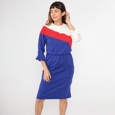 Vintage Color Block Dress 80s Midi Dress Blue Red White Long Sleeve High Elastic Waist 1980s Button Side Casual Elastic Waist Small Petite 