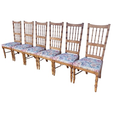 Set of 6 Faux Bamboo Dining Chairs by Stanley - Vintage Wood Hollywood Regency Coastal Style Furniture 