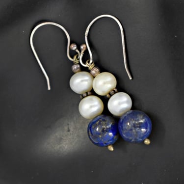 70's lapis lazuli pearls sterling dangles, elegant white & blue beads 925 silver earrings 