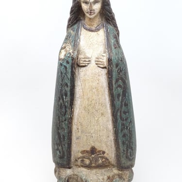 Antique 1800's Saint Mary Santos, 11 1/4 Inch Hand Carved Madonna, Religious Polychrome Our Lady Church Folk Art, Philippines 