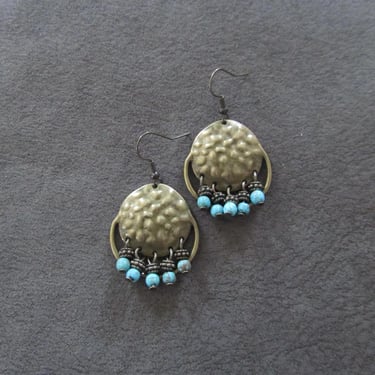 Chandelier earrings, hammered bronze and turquoise howlite 