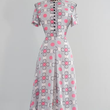 Classic Vintage 1940's Grey & Pink Polka Dot Dress With Glass Buttons / M