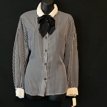 black striped bow blouse 1970s harlequin secretary ascot tie XL 