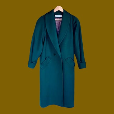 Green Wool Overcoat, Vintage 90s Oversized Full Length Coat, Evergreen Dark Green Long Puff Sleeve Warm Winter Maxi Coat Large 