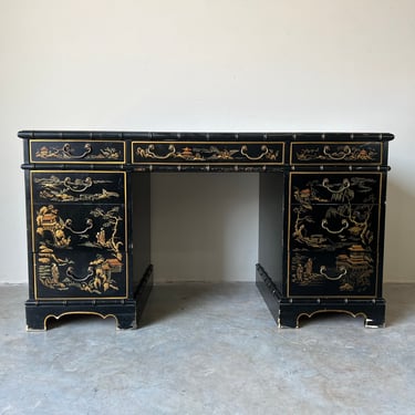 Vintage "Drexel" Asian Hand-Painted Chinoiserie Leather Top Partner Desk 