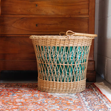 1930s French open weave baguette basket with vintage fabric lining