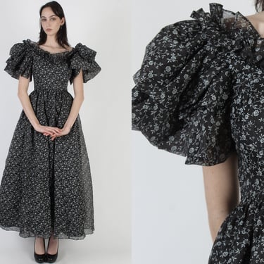 All Black Gunne Sax Floral Dress / Vintage 80s Floor Length Gothic Bridal Gown / Goth Prairie Fairycore Maxi Dress Size 9 