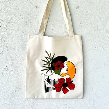 Vintage 70s 80s Bahamian Woman Canvas Tote Bag Farmers Market Fabric Shoulder Bag 