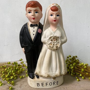 Vintage Bride And Groom Figurine Bank, Wedding Decor, Growing Old Togehter, Before And After, Marriage, Savings Bank Husband Wife, Gag Gift 