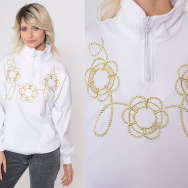 Vintage Sailor Sweatshirt 90s Gold Embroidered Lifebuoy Sweater Nautical Lifesaver Graphic Sailor Pullover Quarter Zip White 1990s Medium 