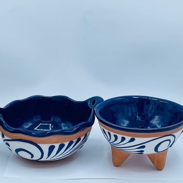 Pair (2) Hand Crafted SALSA Appetizer BOWLS Pottery Made in Mexico- La Mexicana Lead Free- Unused Blue and White 