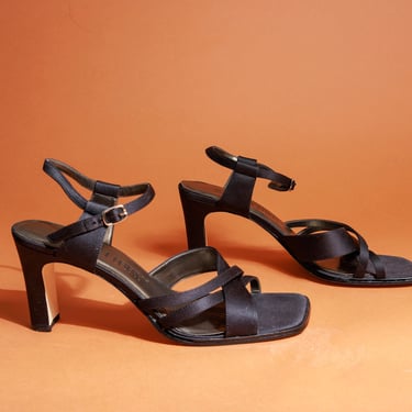 2000s Black Strappy Adjustable Heels Vintage Square Toe Formal Y2k Sandal Heels 