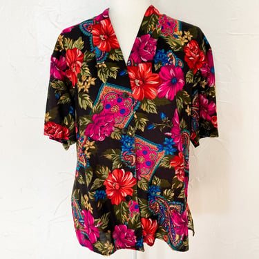80s Black and Multicolored Floral Short Sleeve Rayon Blouse | Medium/Large 