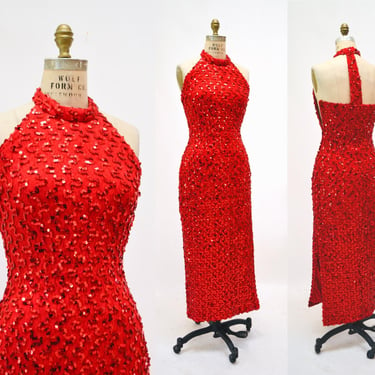 70s 80s Vintage Red sequin Gown Dress Red Vixen Sexy Sequin Dress Prom Dress Medium Pageant Jessica Rabbit Princess Costume Dress 