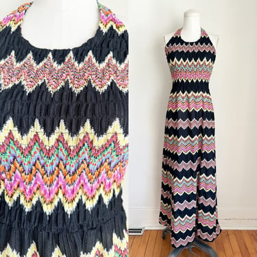 Vintage 1970s Chevron Rainbow Striped Knit Halter Maxi Dress / S-M 