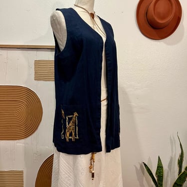 Jessica Howard Vintage Blue Linen Safari Painted Open Style Pocket Vest 