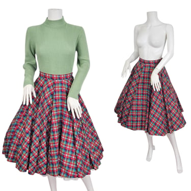 1950's Red Green Plaid Cotton Blend Full Circle Skirt I Sz Sm I W: 24