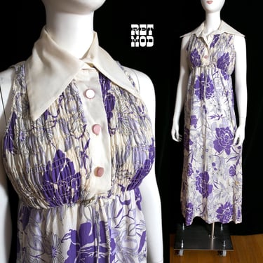 Sexy Vintage 70s Purple White Floral Maxi Dress with Huge Dagger Collar - As Is 