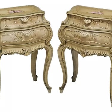 Nightstands, Bombe, Pair, Italian, Venetian, Paint Decorated, Vintage / Antique