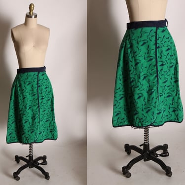 1970s Green and Navy Blue Novelty Flying Duck Goose Corduroy Wrap Skirt 