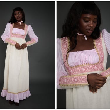Vintage 1969 60s Gunne Sax Black Label Jessica McClintock Regency Linen Column Gown Dress w/ Square Neckline, Pink Striped Bishop Sleeves 