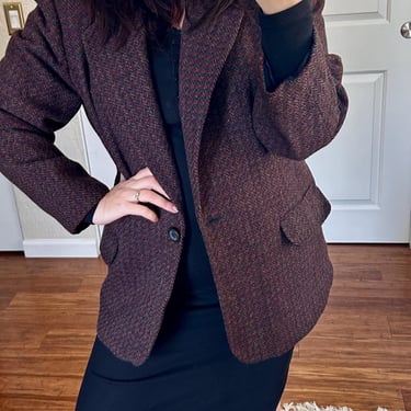 Sag Harbor 1990s maroon and navy single-button wool blazer, lined 