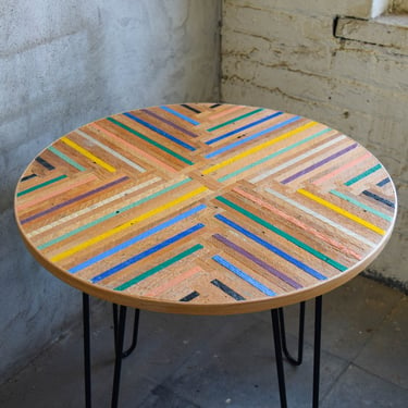 Round reclaimed lath side table with black hairpin legs 