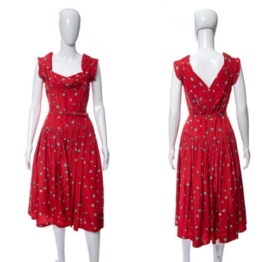 1950's Red and Blue Floral Printed Taffeta Midi Dress Size M