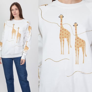 90s Painted Giraffe Sweatshirt - Large | Vintage Unisex White Animal Graphic Pullover 