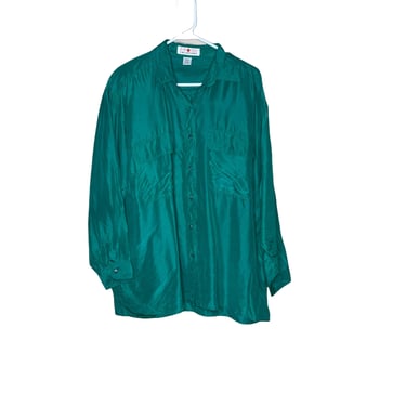 Vintage Women's 90's Stunt Oversized Emerald Green Silk Button Down Blouse, Size Large 
