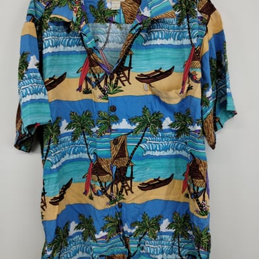 XL 90’s Kahala Sleep Hammock Beach Hut Surf Board Rayon Hawaiian  Button-Up Shirt Hawaiian Men’s x-Large Blue Yellow Sunrise Hawaiian 