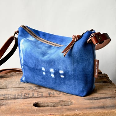 Blue Hand Dyed Twill Canvas and Leather Festival Bag