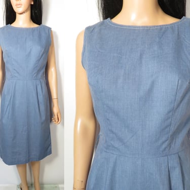 Vintage 60s Simple Cornflower Blue Cotton Tailored Dress Size S 28 Waist 