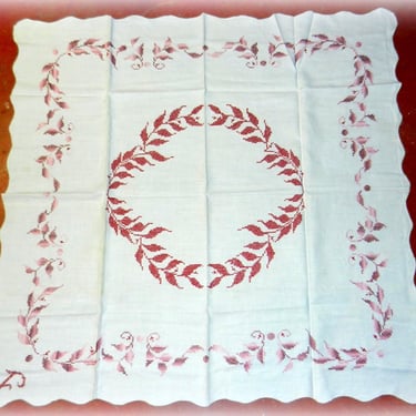 Sale~ 47" x 45" Monogram F Linen Pettie Embroidery Hand Stiched Square Tablecloth ~Vintage Table Linens~White Cotton Floral Scallop Corners 