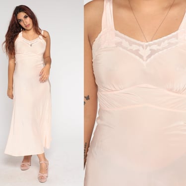 40s Slip Dress Blush Pink Lingerie Maxi Dress Silk Blend Negligee Nightgown Empire Waist Sleeveless Antique WWII Slip Vintage 1940s Small 32 
