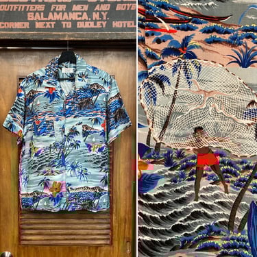 Vintage 1960's “Penney's” Asian Eagle Rayon Tiki Hawaiian