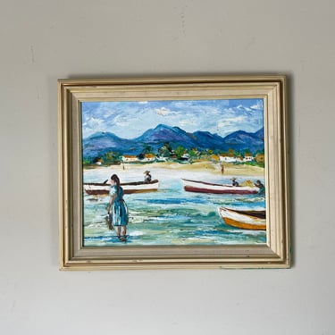 1980's J. P. Beattre Impressionist Fishing Village Oil on Canvas Painting, Framed 