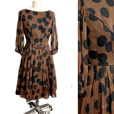 1960s vintage brown and black polka dot dress - size small 