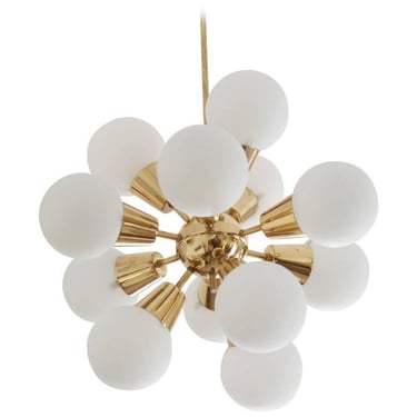 Sputnik Brass Chandelier with 12 Opaline Glass Shades 