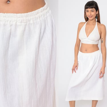 White Gauze Skirt 90s Peasant Midi Skirt Crinkled Gauze High Elastic Waist Retro Plain Bohemian Vintage 1990s Boho Hippie Medium Large 