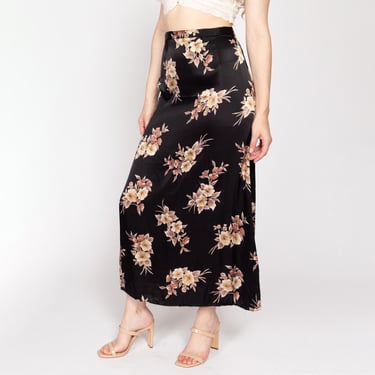 Medium 90s Black Floral Satin Maxi Skirt 28