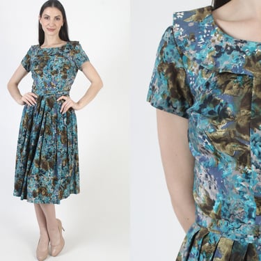 Pat Nichols 50s Dress, Vintage Pin Up Style, Belted Full Skirt, Mid Century Modern, Tag Size 12 