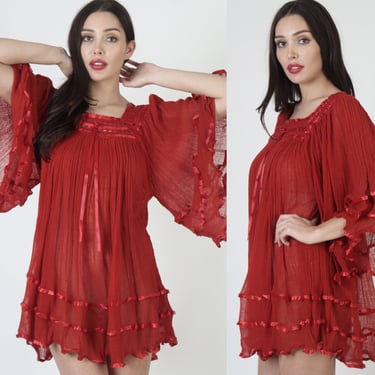 Red Mexican Gauze Micro Mini Dress, Lightweight Thin Kimono Sleeves, Vintage Crochet Lace Angel Top 