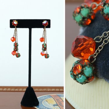 vintage 1960s orange & green crystal drop earrings • faceted glass clip earrings 