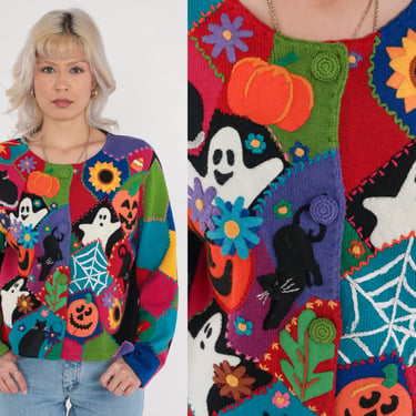 Halloween Cardigan 90s Patchwork Knit Button up Sweater Fall Ghost Pumpkin Black Cat Floral Novelty Print Cotton Ramie Vintage 1990s Large L 