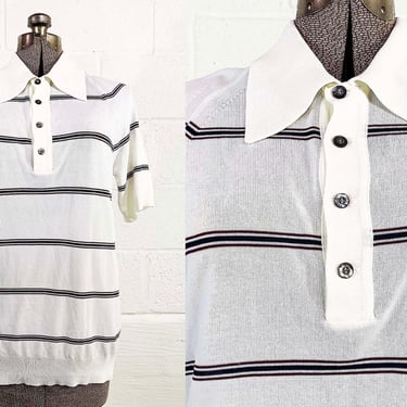 Vintage Isley Polo Collard Shirt Striped Print Half Button Front Short Sleeve Mod Men's Unisex 1960s 1970s Large Medium 