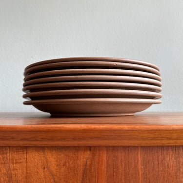 Heath Ceramics moonstone 11.5" dinner plates (with wear) / set of 7 Rim Line blue and brown vintage dinnerware 