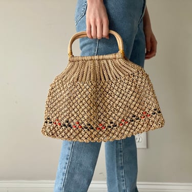 Vintage 70's Open Weave Woven Jute Beaded Tote Bag 