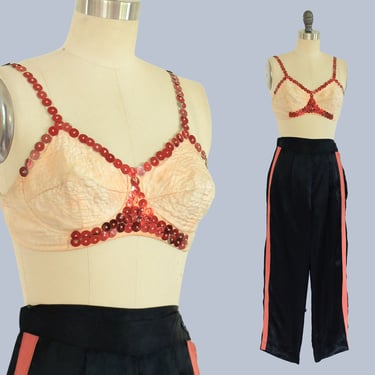 1940s Stage Outfit / 30s 40s Sequined Bra Top and Satin Trouser Set / XS Showgirl Theater / Two Piece 